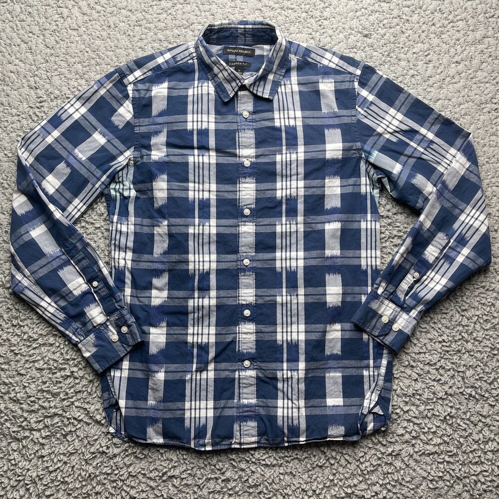 Banana Republic Shirt Mens Small Blue Washed Plaid Check Camden Fit